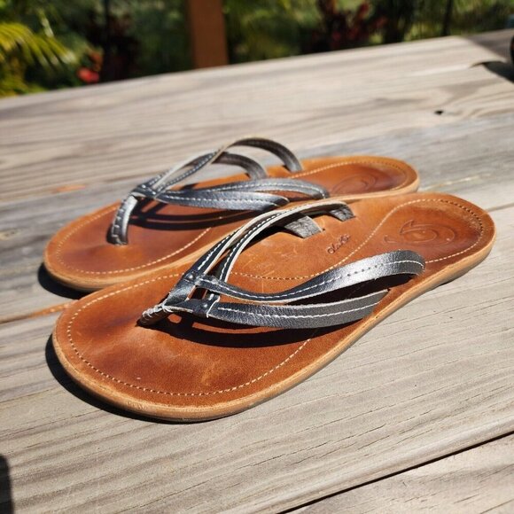 OluKai Shoes Womens 6 U'i Sandals Silver Leather Thong Flip Flop Slip On Flats - Picture 6 of 9